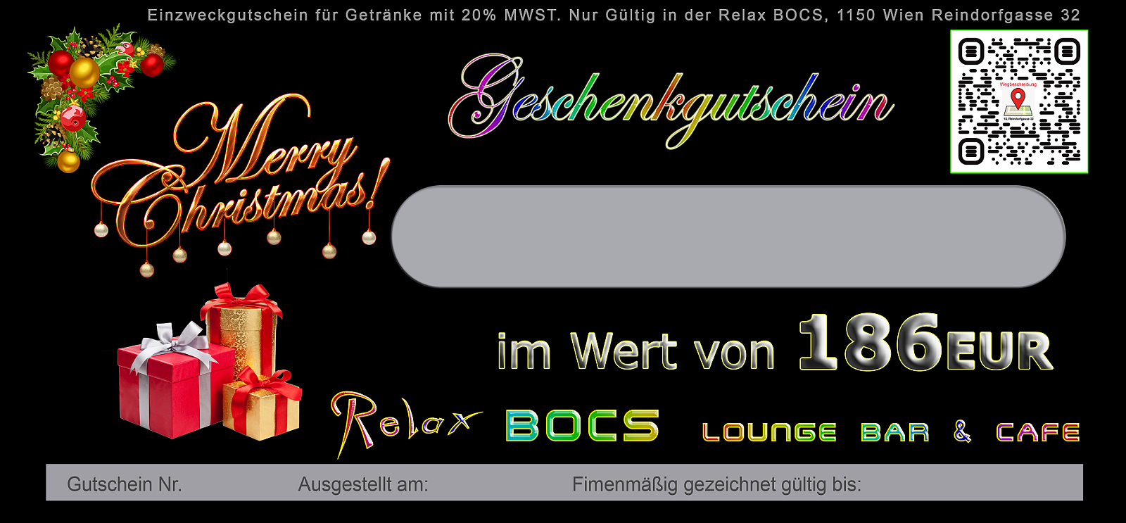 186 EUR Einzweckgutschein (Steuerliche Vorteile) Bestellungen sind Vorort oder in unserem "Online Bestellsystem" möglich.